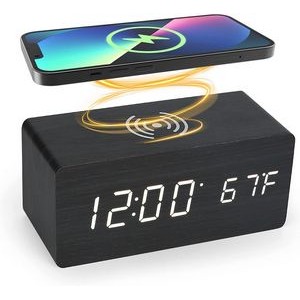 5W Wooden Qi Fast Wireless Charger With Digital Led Clock