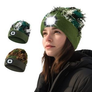 Camouflage Distressed Winter Beanie Hat with Head Lamp