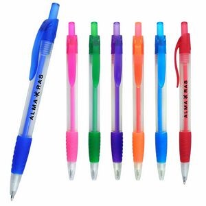 Preston Ballpoint Pen W/ Clear Barrel, Colored rubber Grip, ink barrel & Clip click pen