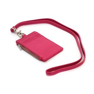 Ashlin® Designer Fuchsia Pink Aulora Pebbled Cowhide Zippered I.D. Holder w/Lanyard